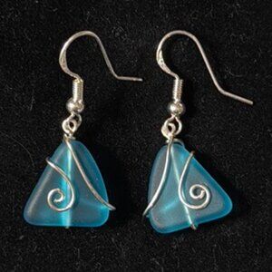 Blue Beach Glass Earrings, Sterling Silver 925 Wire Wrapped